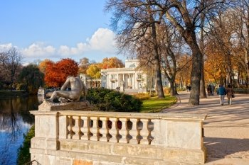 Lazienki Park in autumn with Palace on the Water in Warsaw, Poland