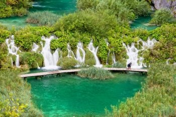 Scenic water cascades in Plitvice Lakes National Park, Croatia