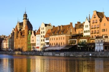 Early morning at the Old Town by the Motlawa river in the city of Gdansk, Poland