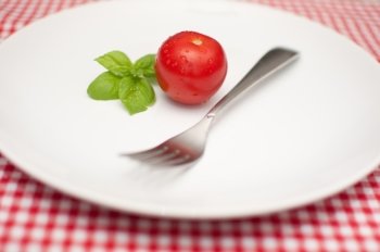 Diet - Tomato, Fresh Basil and Fork on Empty Plate