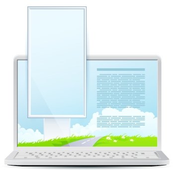 Laptop with Green Landscape and Vertical Billboard Icolated on White Background