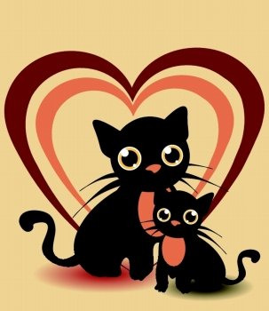 two beautiful cats on a background with hearts 