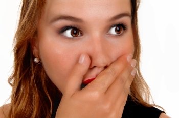 A beautiful blond young woman holding her hand for her mouth, sheis shocked what she seeing, isolated for white background.