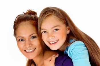 A closeup picture of a mother and daughter playing for isolated white background, the girl sitting on the back of her mother.