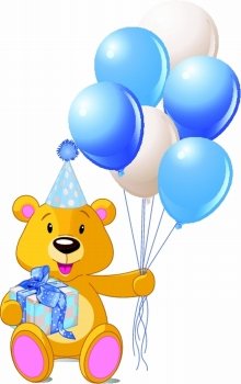 Teddy Bear sitting with blue gift box and balloons
