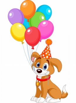 
Cute Puppy with birthday balloons and party hat