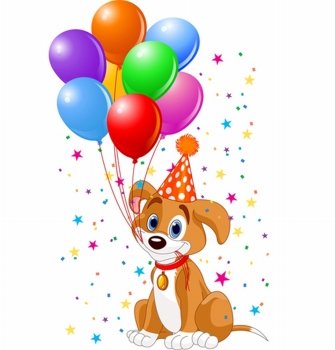 Cute Puppy with birthday balloons and party hat