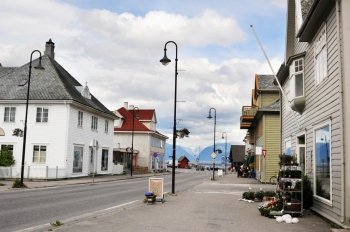 A street of a small norvegian village Vik  situated in fjords. Norway