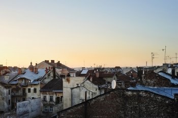 Roof tops of Lviv at sunrise, Ukraine