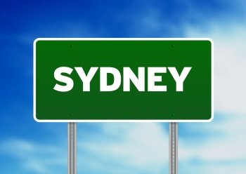 Green Sydney highway sign on Cloud Background. 