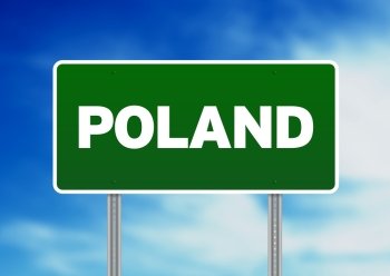 Green Poland highway sign on Cloud Background. 