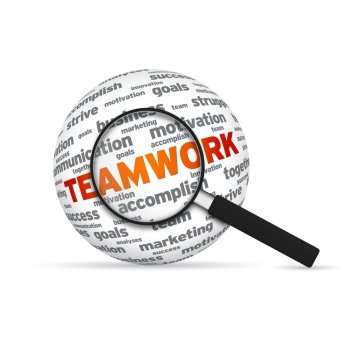 Teamwork 3d Word Sphere with magnifying glass on white background.