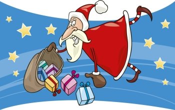 cartoon illustration of flying santa claus with sack of gifts