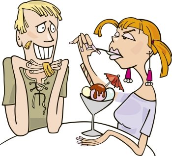 Illustration of guy and angry woman eating dessert