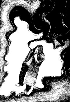 drawing illustration of man smoking a cigarette in the clouds of smoke