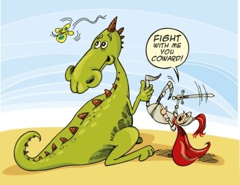 Humorous illustration of Dragon and Knight fighting