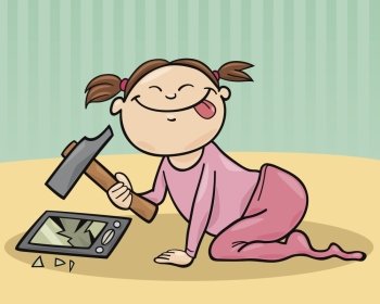 illustration of baby girl destroying the smartphone