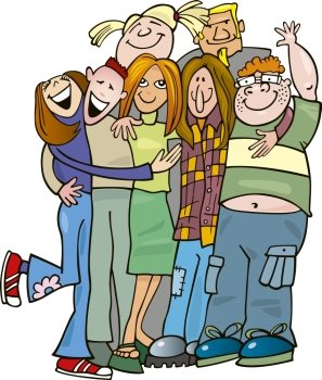Illustration of school teens group giving a hug