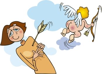 Illustration of woman in love hit by cupid arrow