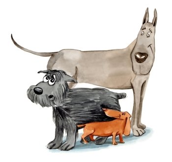 humorous illustration of three dogs in different sizes