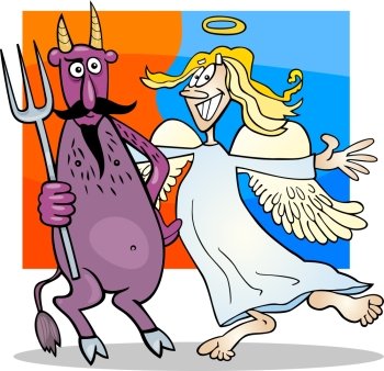 Cartoon Humorous Illustration of Angel and Devil in Friendship