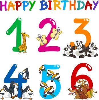 Cartoon Set Illustration of Birthday Anniversary Numbers with Funny Animals or Insects