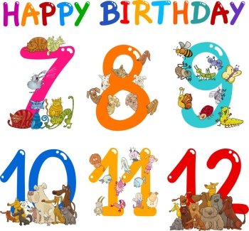 Cartoon Set Illustration of Birthday Anniversary Numbers with Funny Animals or Insects