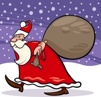 Cartoon Illustration of Christmas Santa Claus or Papa Noel with Presents in Sack against Evening Sky and Snow