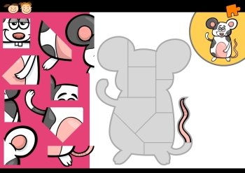 Cartoon Illustration of Education Jigsaw Puzzle Game for Preschool Children with Funny Mouse Character