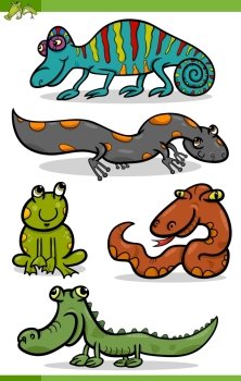 Cartoon Illustration of Funny Reptiles and Amphibians Set