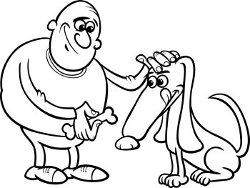 Black and White Cartoon Illustration of Men Giving Snack to his Dog for Coloring Book