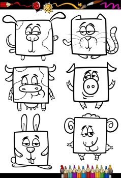 Coloring Book or Page Cartoon Illustration Set of Black and White Animals and Pets Characters for Children