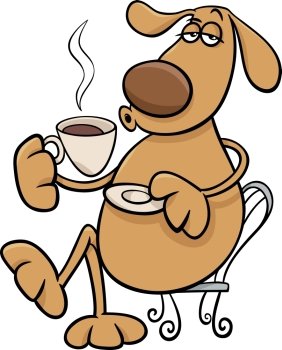 Cartoon Illustration of Funny Dog Character Drinking Coffee