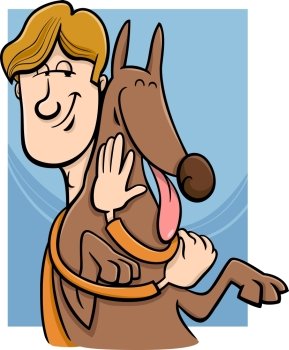 Cartoon Illustration of Man Giving a Hug to his Dog