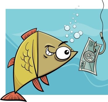 Cartoon Concept Humor Illustration of Funny Fish and Fishing Hook with Money Bait