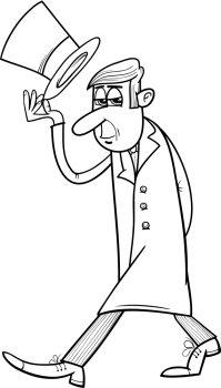 Black and White Cartoon Illustration of Distinguished Man with Hat for Coloring Book