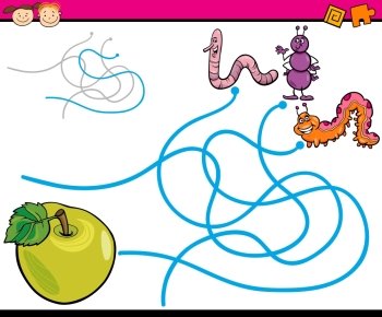 Cartoon Illustration of Education Path or Maze Game for Preschool Children with Insects and Apple