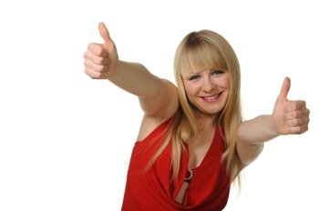 The girl thumbs up. Reaction of approval. It is isolated on a white background