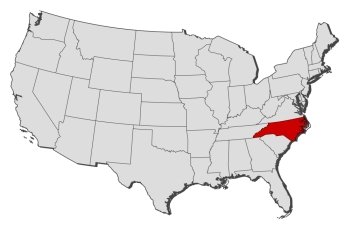 Map of the United States, North Carolina highlighted. Political map of United States with the several states where North Carolina is highlighted.