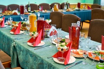 a laid banquet restaurant table, shallow DOF