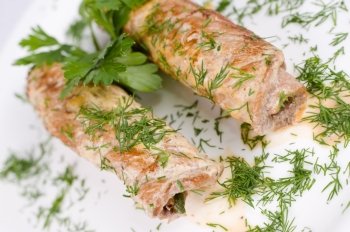 roasted meat rolls stuffed with fern and asparagus, macro