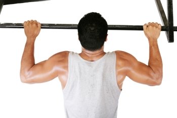 very power athletic guy, execute exercise tightening on horizontal bar, isolated on white