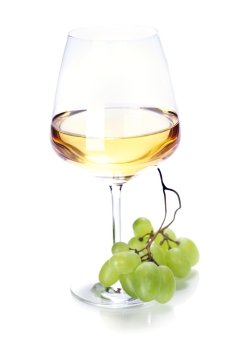 wineglass with white wine and grape over white
