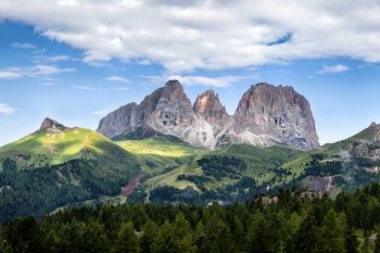 Panorama of Sassolungo mountain peaks, Italian Dolomites