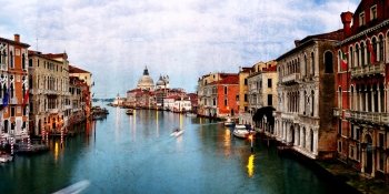 Retro style image of Grand canal at sunset, Venice, Italy
