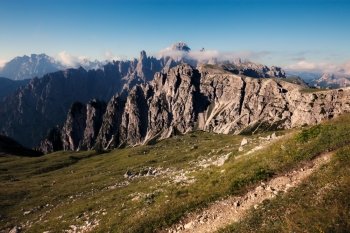 Panoramic view of mountain ridge near Tre Cime, Dolomite, Italy