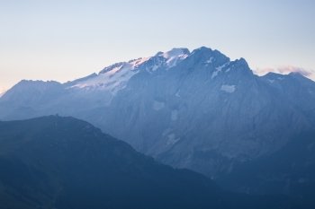 Marmolada mountains ridge at sunrise, Val di Fassa, Italian Dolomites