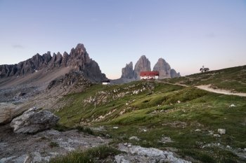 Tre Cime and Rifugio Locatelli at sunrise, Italian Dolomites