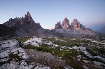Tre Cime and Monte Paterno at sunrise, Italian Dolomites