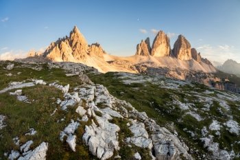 Tre Cime and Monte Paterno at sunset, Italian Dolomites